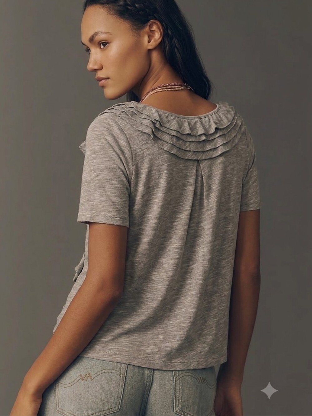 Anthropologie Pilcro Headwaters Womens Shirt Short Sleeve Ruffle GRAY - Picture 3 of 6